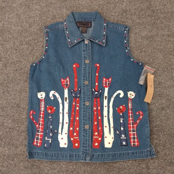 LIFE STYLE Vest Women's S Blue Denim Embroidered Cats Applique Button - Picture 1 of 14